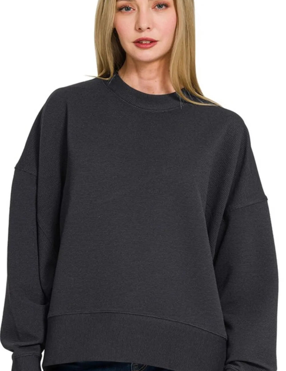 BLACK Zenana Ribbed Balloon Sleeve Sweatshirt | Sweatshirts Daverri Fashions