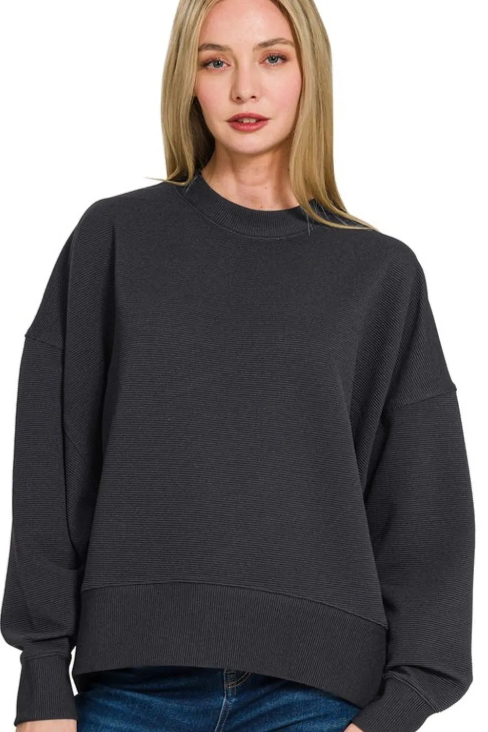 Zenana Ribbed Balloon Sleeve Sweatshirt BLACK Sweatshirts