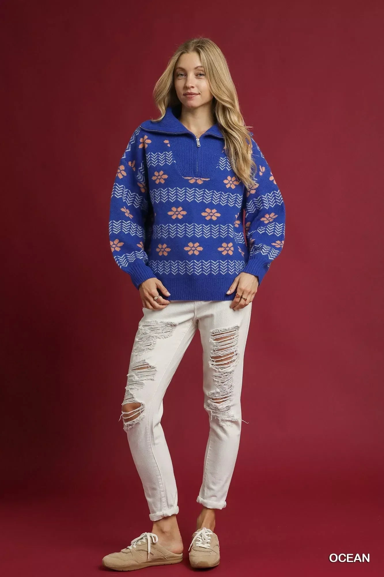 Umgee Floral Patterned Jacquard Quarter-Zip Pullover Sweater Ocean - DAVERRI FASHIONS