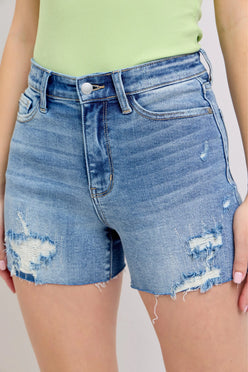 Judy Blue Full Size High Waist Denim Shorts W/stitch Over Destroy Detail Plus Size - DAVERRI FASHIONS