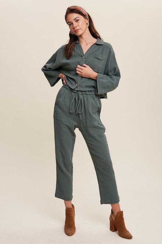 Long Sleeve Button Down and Long Pants Sets Hunter Green Pants Sets