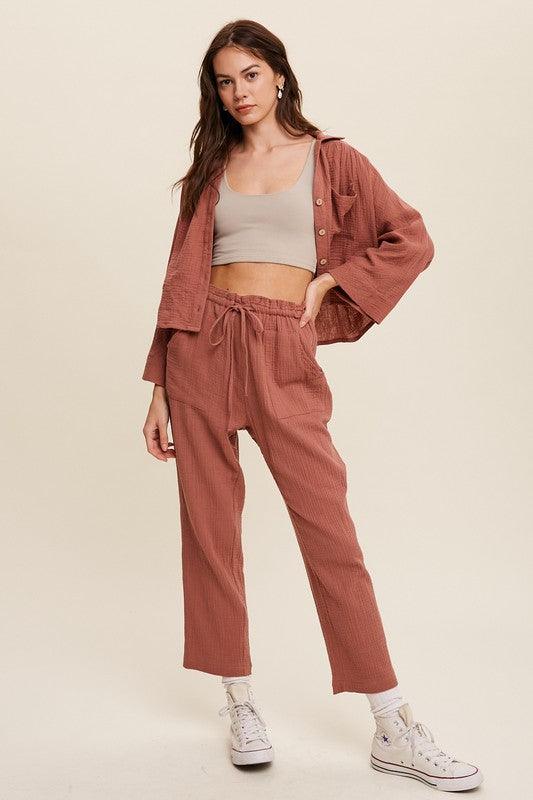 Long Sleeve Button Down and Long Pants Sets Mocha Pants Sets