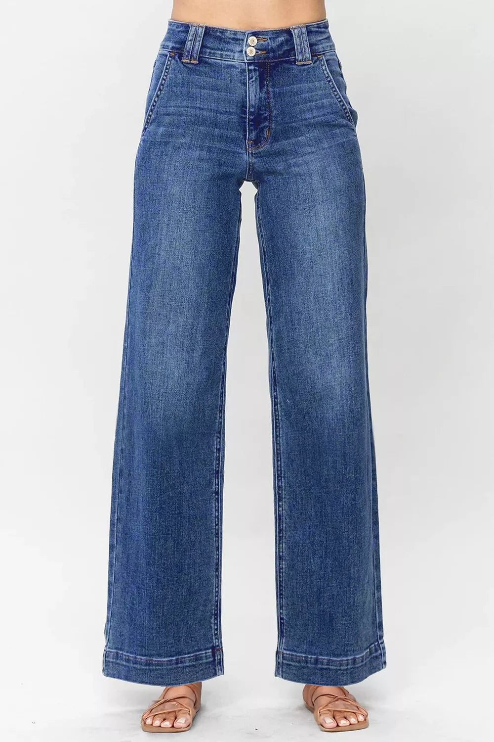 Daverri double button zip fly mid-wash blue wide-leg jeans