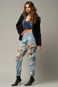 Star Print Ripped Slouchy Jeans - DAVERRI FASHIONS