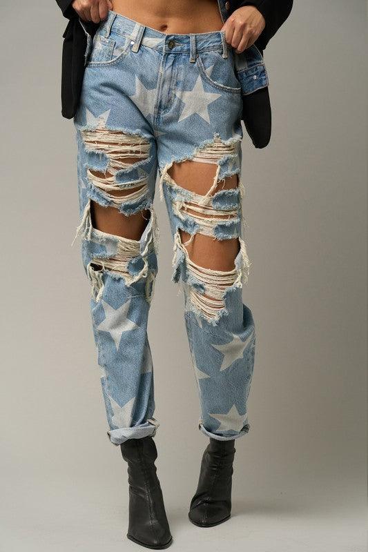 Star Print Ripped Slouchy Jeans Jeans