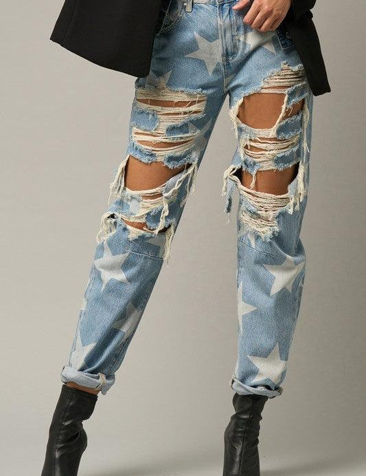 Star Print Ripped Slouchy Jeans Jeans