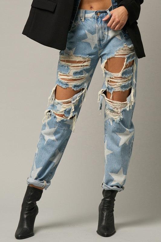 Star Print Ripped Slouchy Jeans Jeans