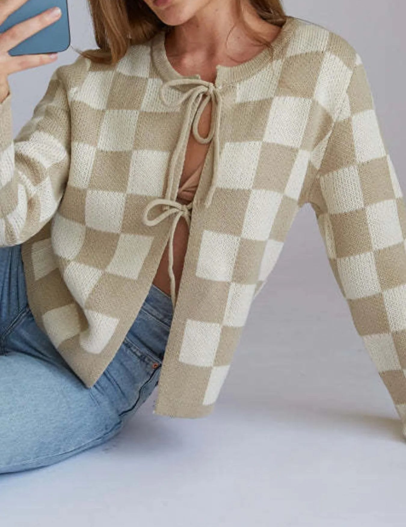 Checkered Tie-Front Cropped Cardigan | Cardigans Daverri Fashions