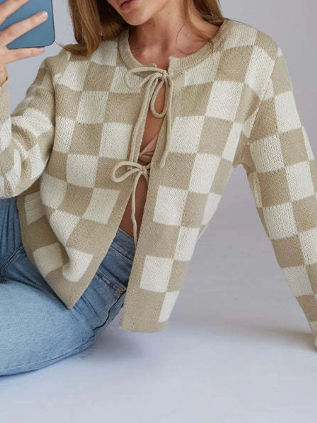 Checkered Tie-Front Cropped Cardigan | Cardigans Daverri Fashions