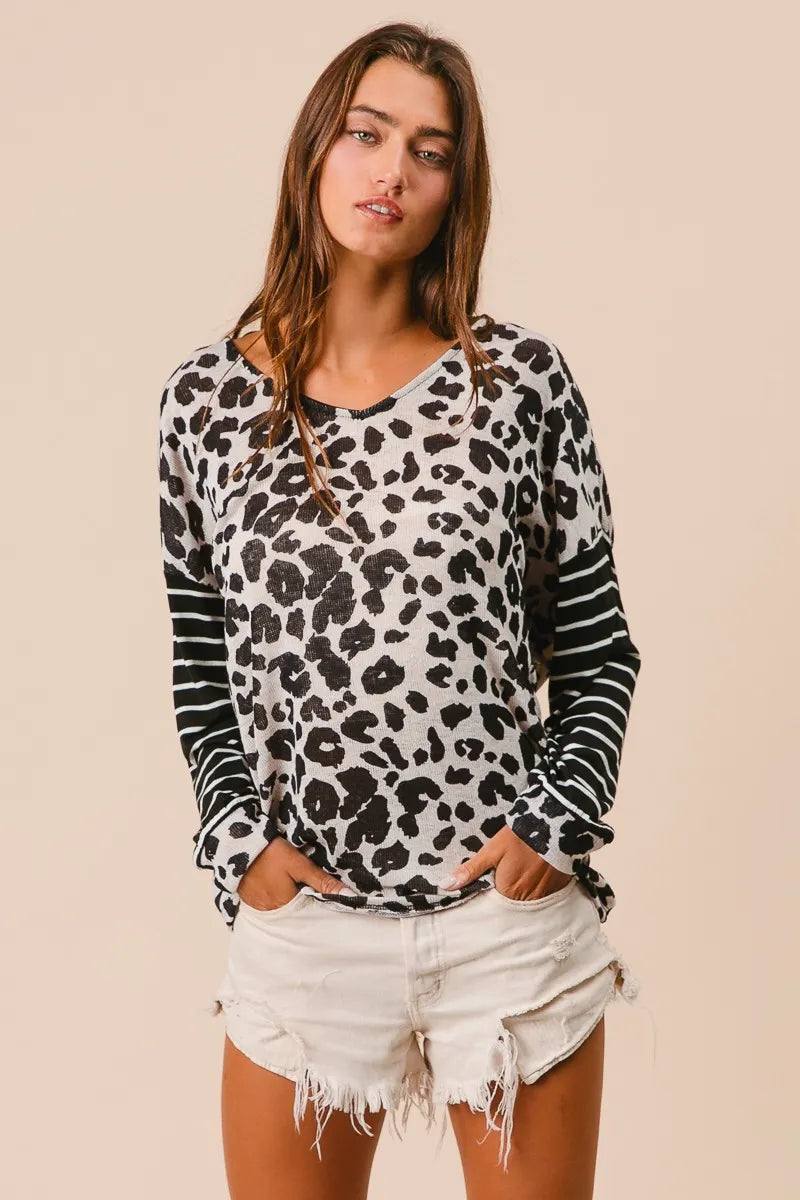 BiBi Leopard Hacci Knit Twist Back Top With Stripe Sleeve Tops