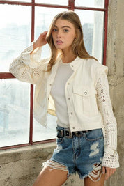 Twill Crop Crochet Sleeve Jacket Jackets