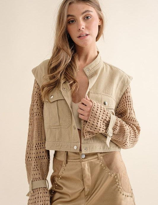 Twill Crop Crochet Sleeve Jacket Taupe Jackets