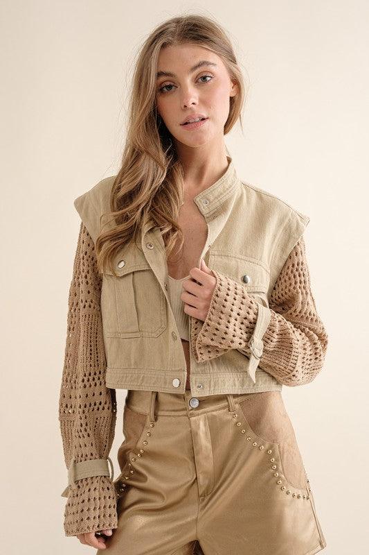 Twill Crop Crochet Sleeve Jacket Taupe Jackets