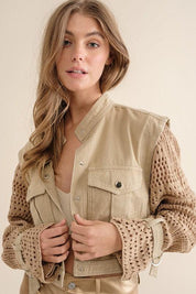 Twill Crop Crochet Sleeve Jacket Jackets