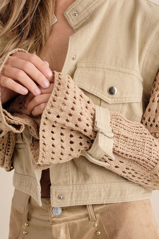 Twill Crop Crochet Sleeve Jacket Jackets