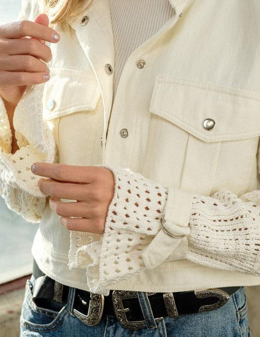 Twill Crop Crochet Sleeve Jacket Jackets