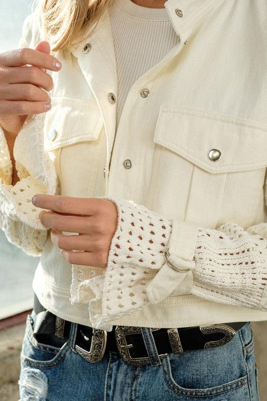 Twill Crop Crochet Sleeve Jacket Jackets