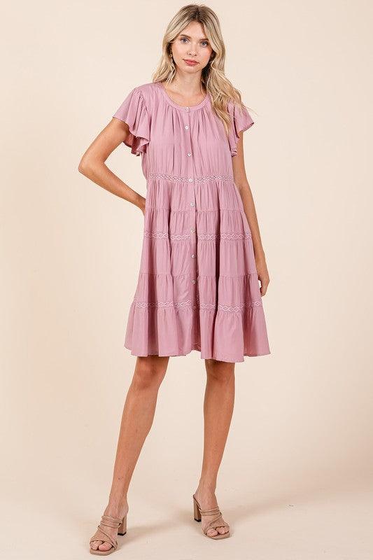 Mittoshop Lace Detail Ruffled Button Down Tiered Dress - DAVERRI FASHIONS