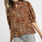 Umgee Full Size Leopard Print Ruffle Neck Blouse Plus Size Brown Blouses
