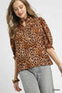 Umgee Full Size Leopard Print Ruffle Neck Blouse Plus Size Brown Blouses