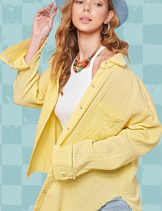 Soft Washed Crinkled Gauze Button Down Shirt LEMON Shirts & Tops