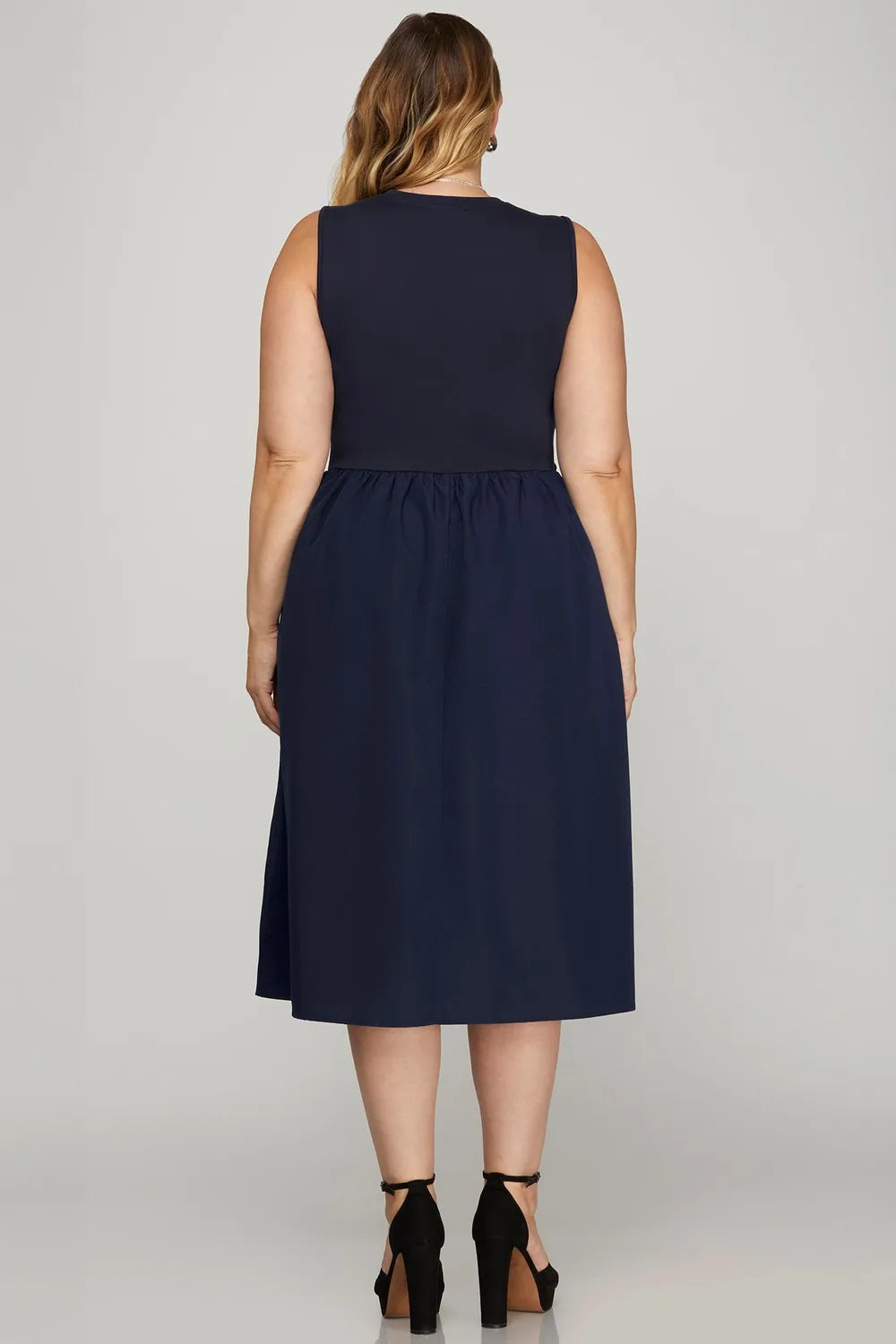 Navy blue She + Sky plus size sleeveless poplin midi dress with pockets