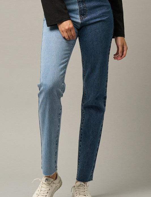 High Waist Two Tone Raw Hem Straight Jeans LIGHT MEDIUM COMBO Jeans