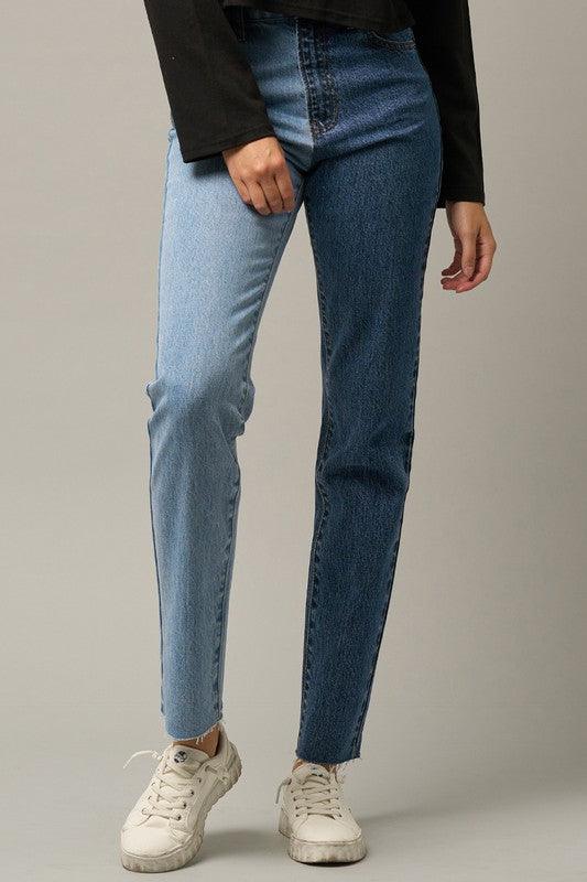 High Waist Two Tone Raw Hem Straight Jeans LIGHT MEDIUM COMBO Jeans