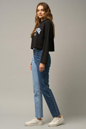 High Waist Two Tone Raw Hem Straight Jeans Jeans