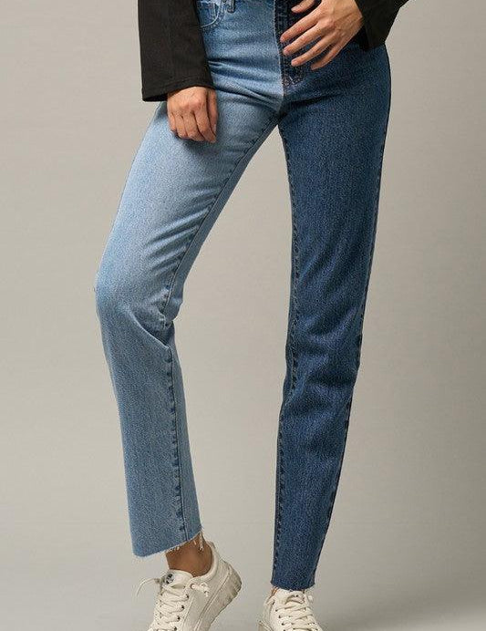 High Waist Two Tone Raw Hem Straight Jeans Jeans