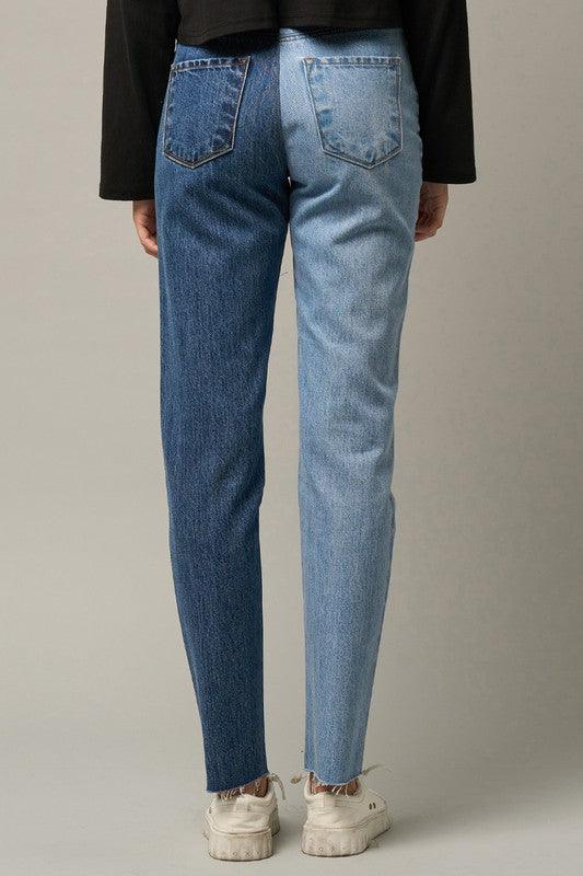 High Waist Two Tone Raw Hem Straight Jeans Jeans