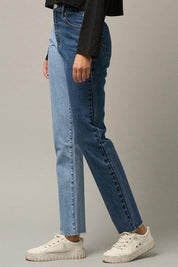 High Waist Two Tone Raw Hem Straight Jeans Jeans