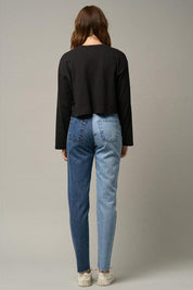 High Waist Two Tone Raw Hem Straight Jeans Jeans