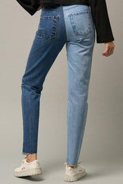 High Waist Two Tone Raw Hem Straight Jeans Jeans