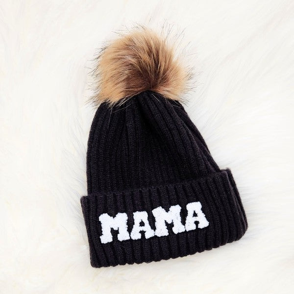 Black 1 Chenille Mama Patch Faux Fur Pom Beanie Cap | Daverri Fashions