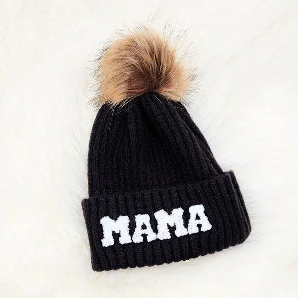 Chenille Mama Patch Faux Fur Pom Beanie Cap - DAVERRI FASHIONS
