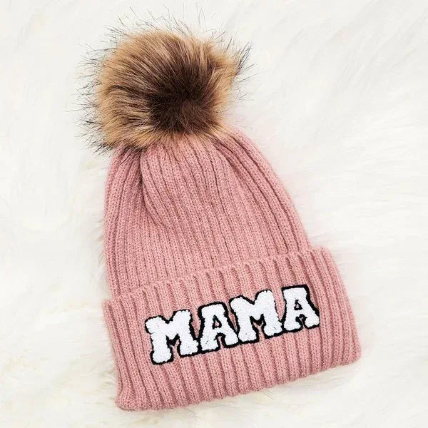 Chenille Mama Patch Faux Fur Pom Beanie Cap - DAVERRI FASHIONS