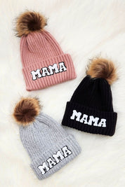 Chenille Mama Patch Faux Fur Pom Beanie Cap | Daverri Fashions
