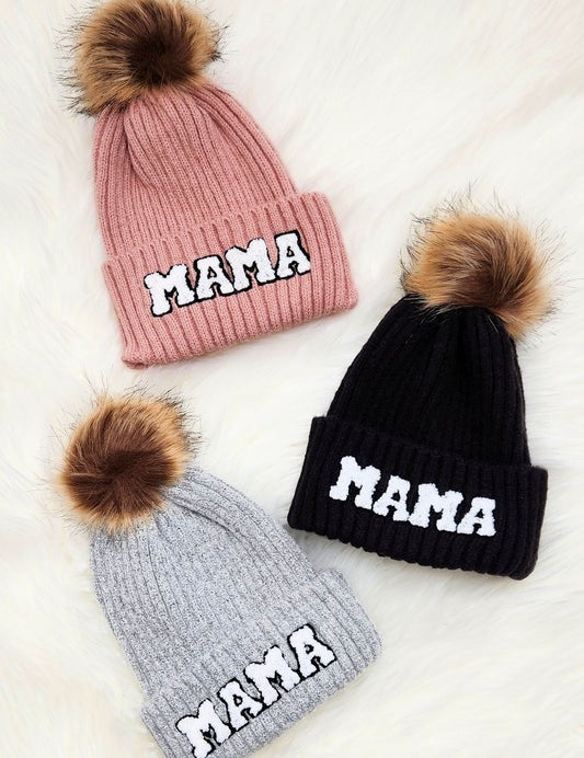 Chenille Mama Patch Faux Fur Pom Beanie Cap | Daverri Fashions