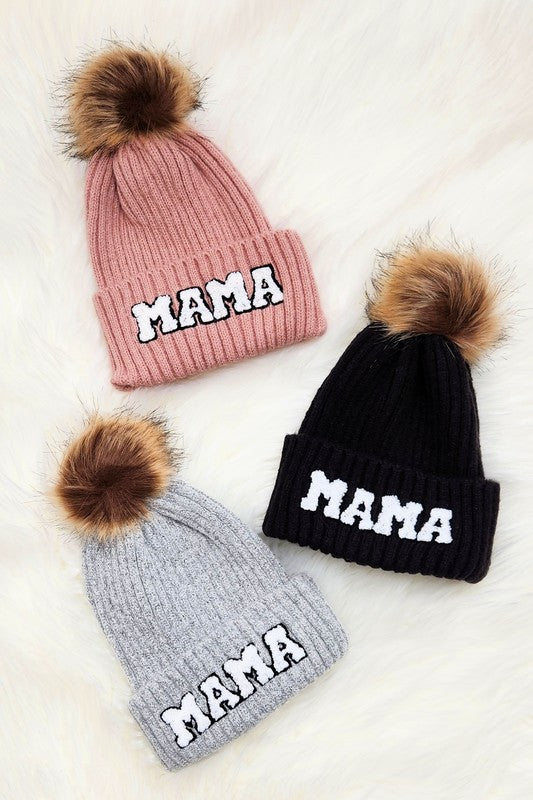 Chenille Mama Patch Faux Fur Pom Beanie Cap | Daverri Fashions