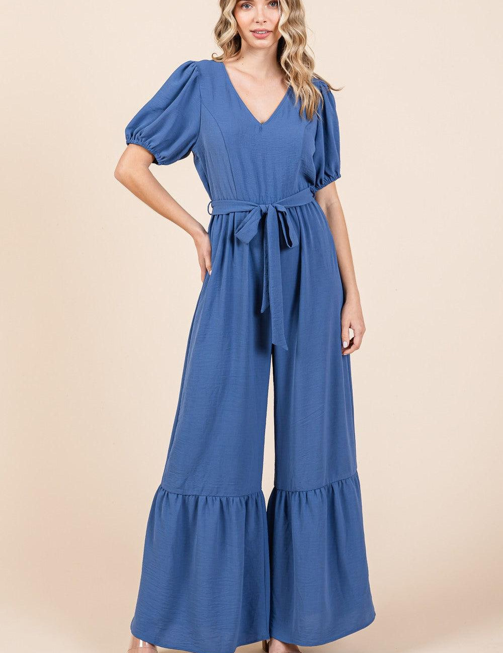 GeeGee Full Size V-Neck Belted Wide Leg Jumpsuit Denim Blue L Jumpsuits