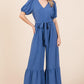 GeeGee Full Size V-Neck Belted Wide Leg Jumpsuit Denim Blue L Jumpsuits