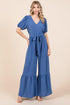 GeeGee Full Size V-Neck Belted Wide Leg Jumpsuit Denim Blue L Jumpsuits