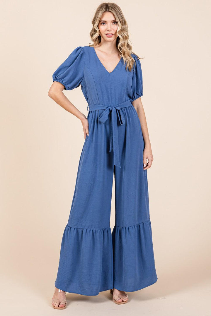 GeeGee Full Size V-Neck Belted Wide Leg Jumpsuit Denim Blue L Jumpsuits