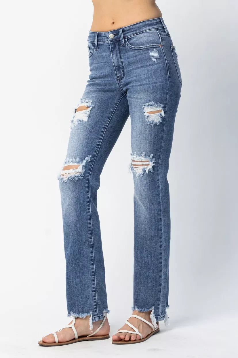 Judy Blue Full Size Mid Rise Destroy Straight Jeans Plus Size | Jeans Daverri Fashions