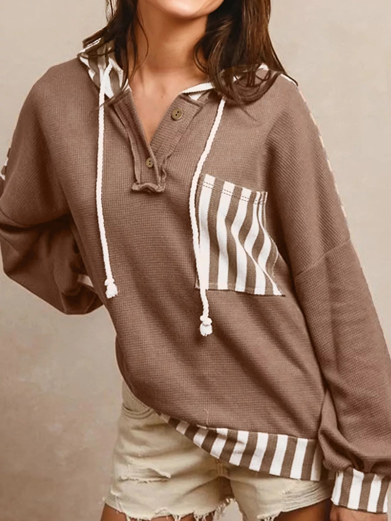 Taupe Waffle Texture Striped Patchwork Button Neck Drawstring Hoodie | Hoodies Daverri Fashions