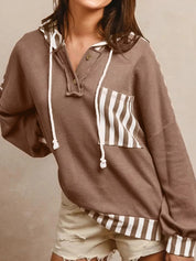 Taupe Waffle Texture Striped Patchwork Button Neck Drawstring Hoodie | Hoodies Daverri Fashions