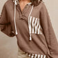 Waffle Texture Striped Patchwork Button Neck Drawstring Hoodie - DAVERRI FASHIONS