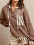 Waffle Texture Striped Patchwork Button Neck Drawstring Hoodie - DAVERRI FASHIONS