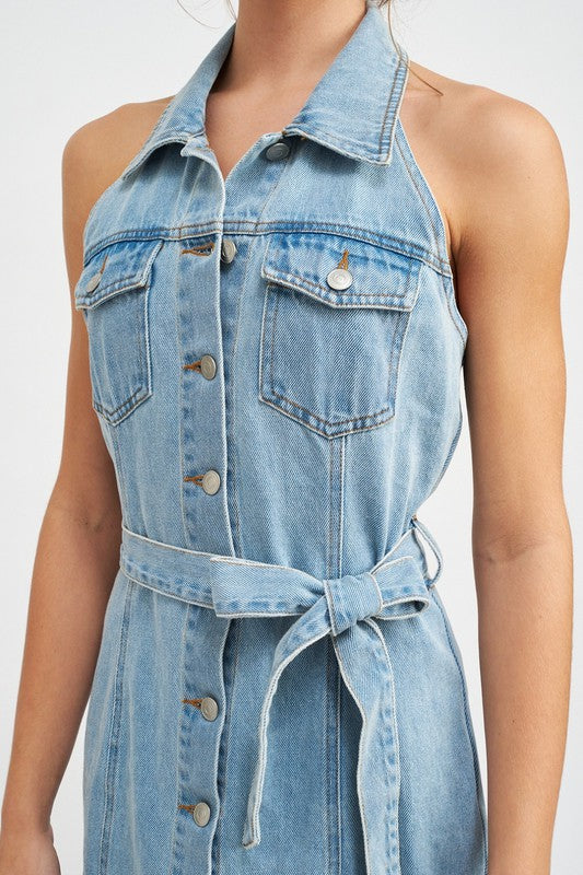 BUTTON DOWN DENIM MINI DRESS WITH BELT Mini Dresses